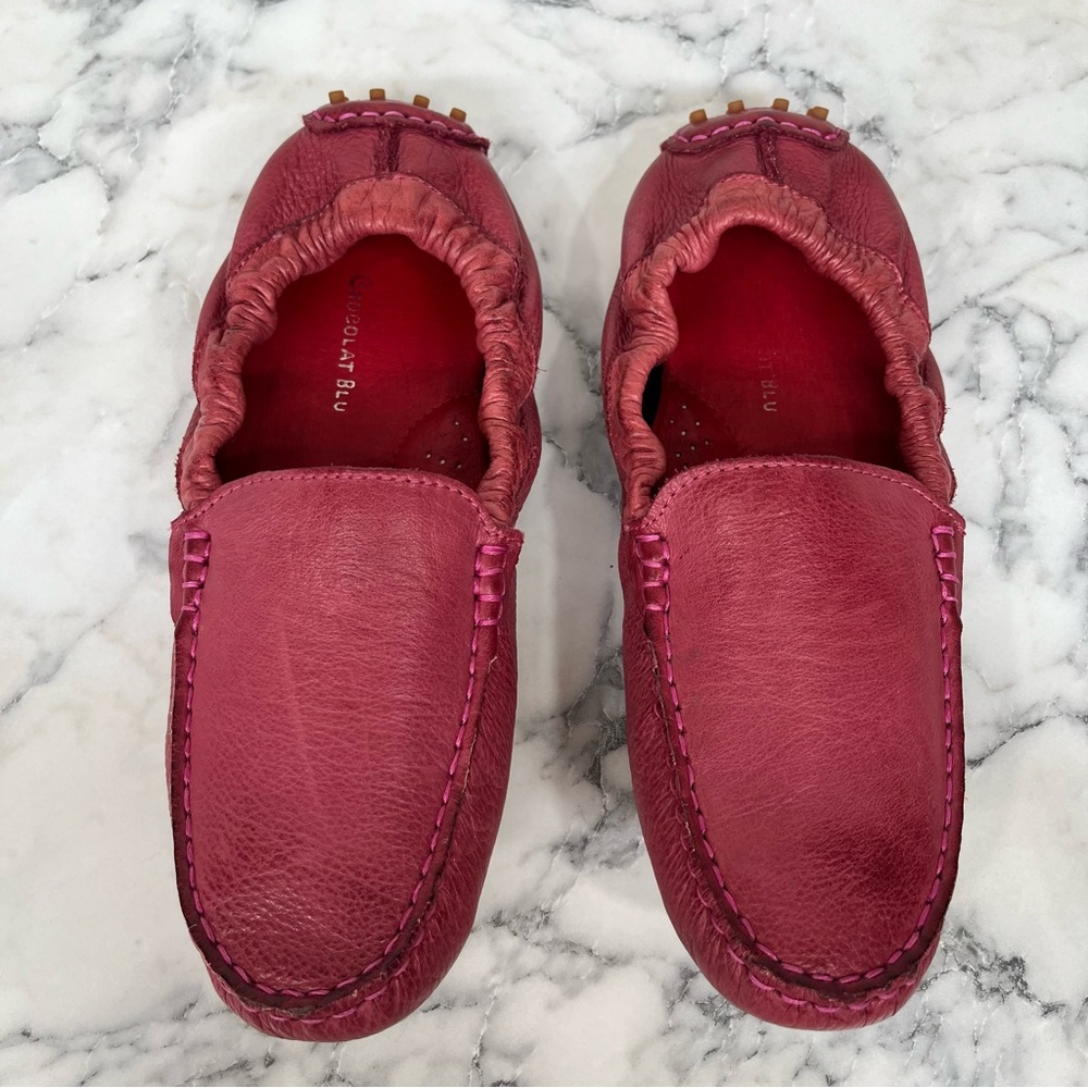 Chocolat Blu Tara Red Leather Ruched Slip On Moccasins Driving Loafers Size 8.5
